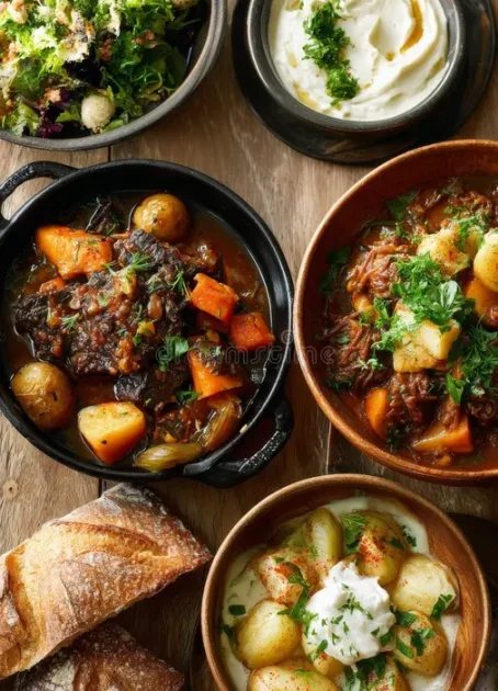 delightful-presentation-hearty-comfort-food-dishes-accompanied-refreshing-salad-creamy-potatoes-warm-bread-perfect-to-396739044